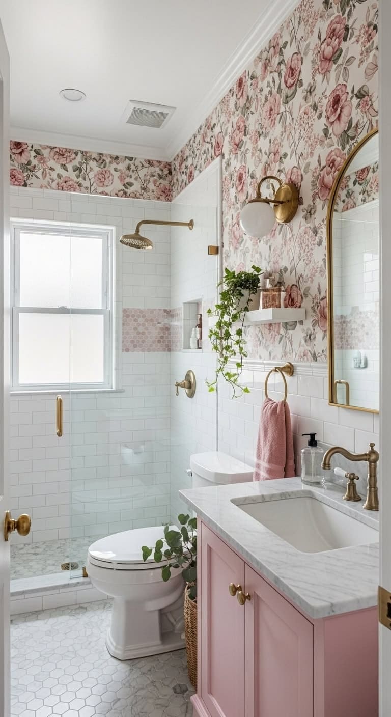 Charming Cottage Bathroom with Pink Vanity