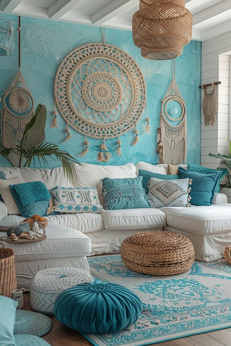Coastal Boho Turquoise Living Room