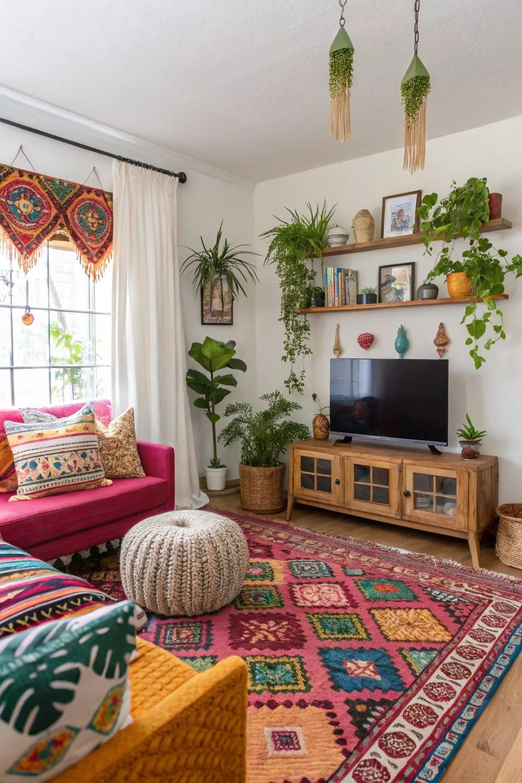 Colorful Boho Corner with Lush Green Touches