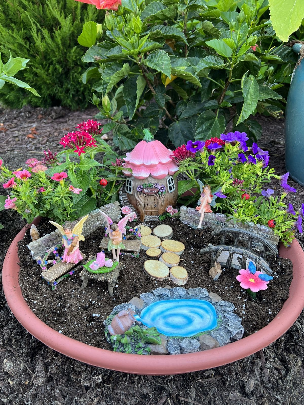 Fairy Garden with Miniature Fairy House and Pond
