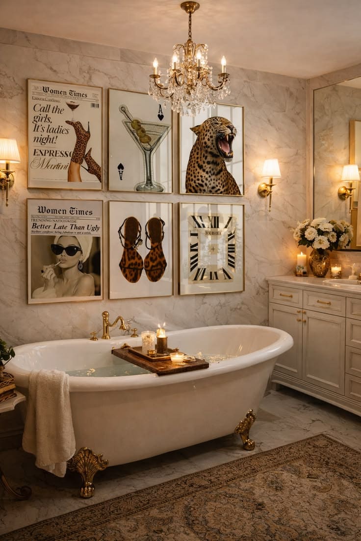 Glamorous Vintage Bathroom with Bold Artwork