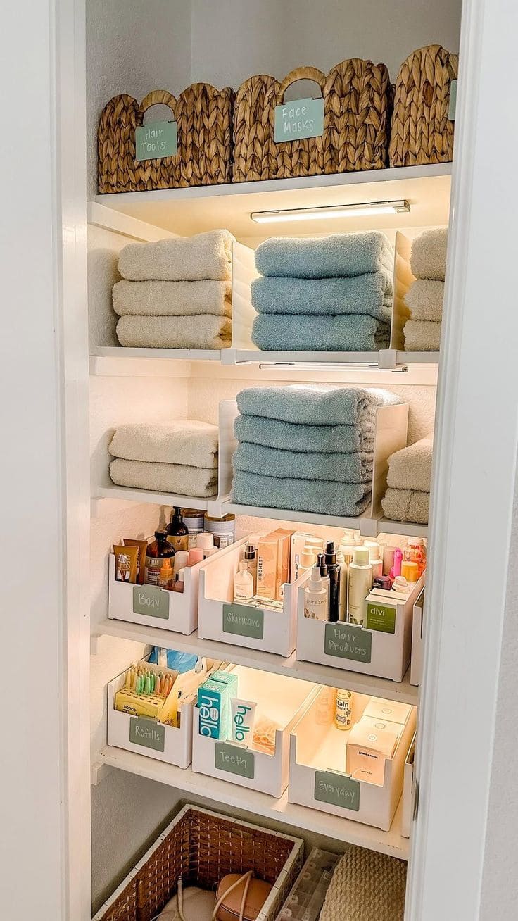 Neatly Organized Bathroom Closet with Labeled Bins