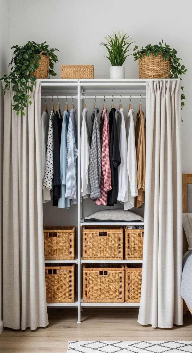 Organized Closet with Baskets and Plants