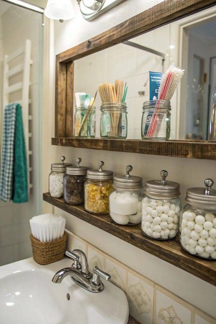 Rustic Bathroom Shelf with Mason Jars
