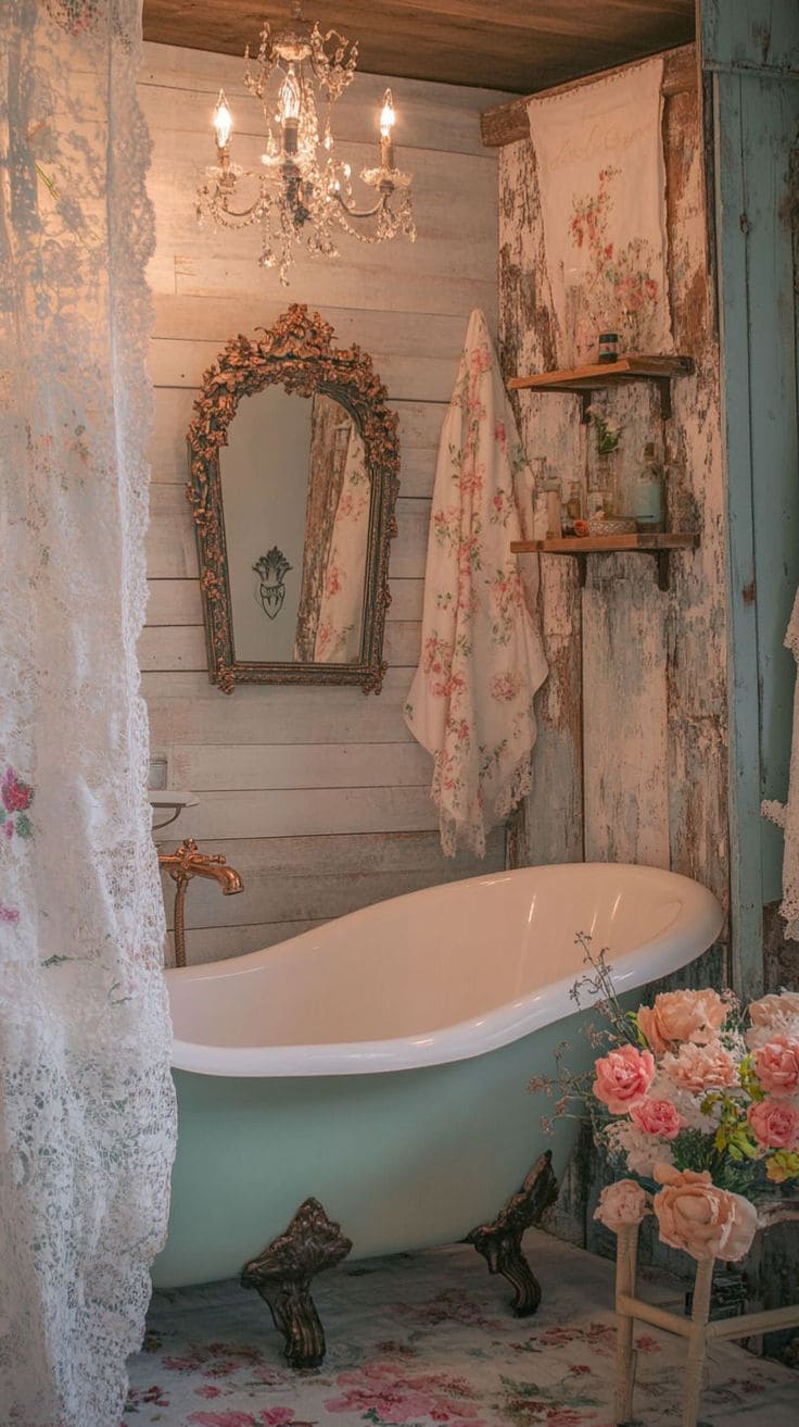 Vintage Cottage Bathroom with Clawfoot Tub and Floral Accents