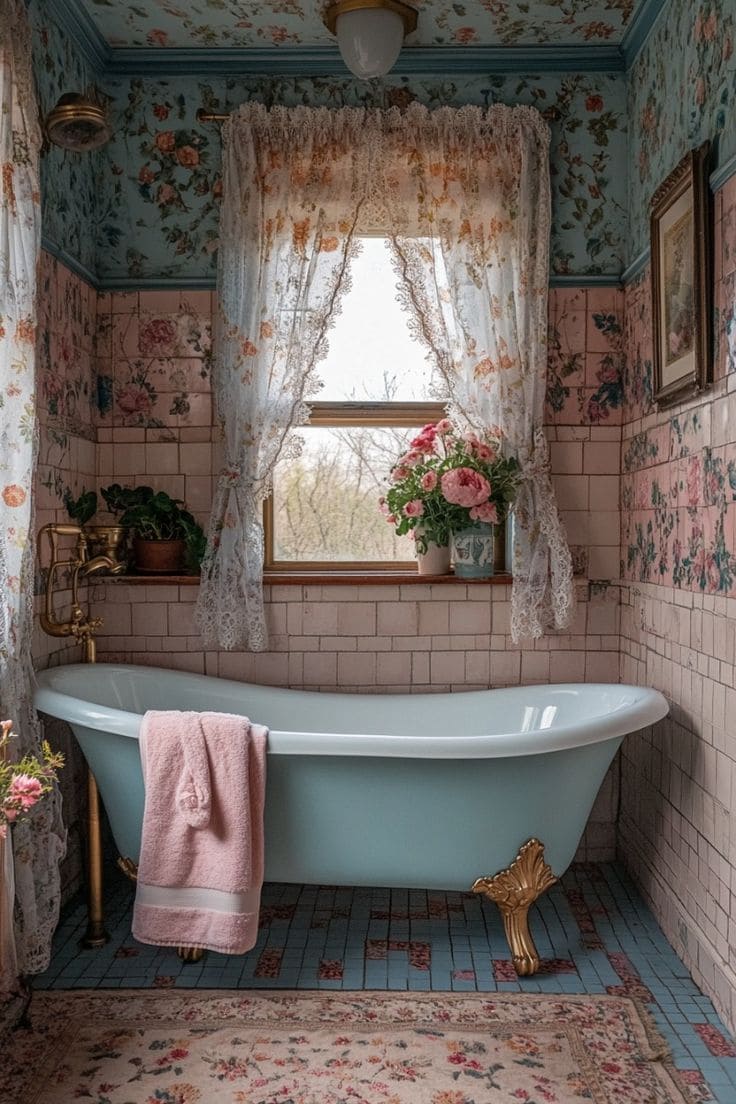 Vintage Floral Cottage Bathroom with Bathtub