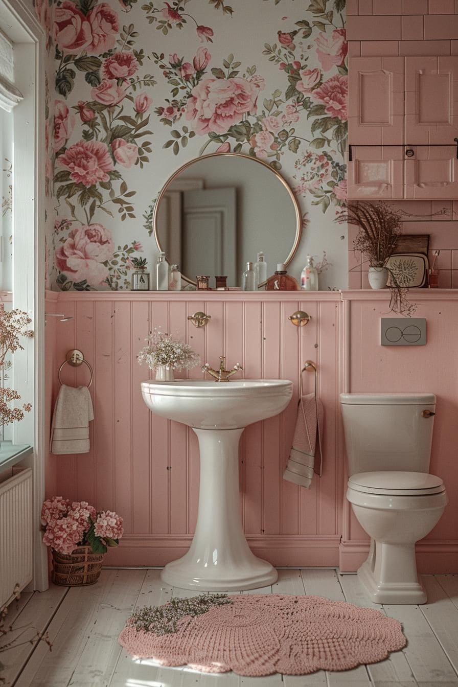 Vintage Floral Pink Cottage Bathroom