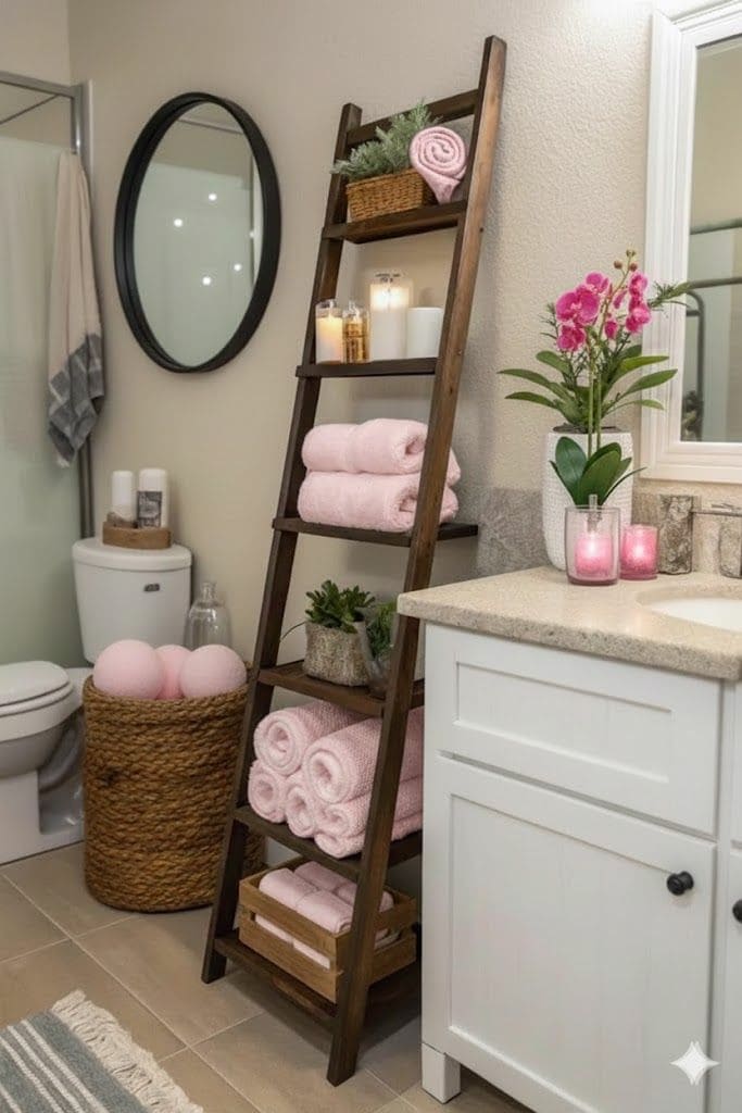 Wooden Ladder Shelf with Towels and Decor